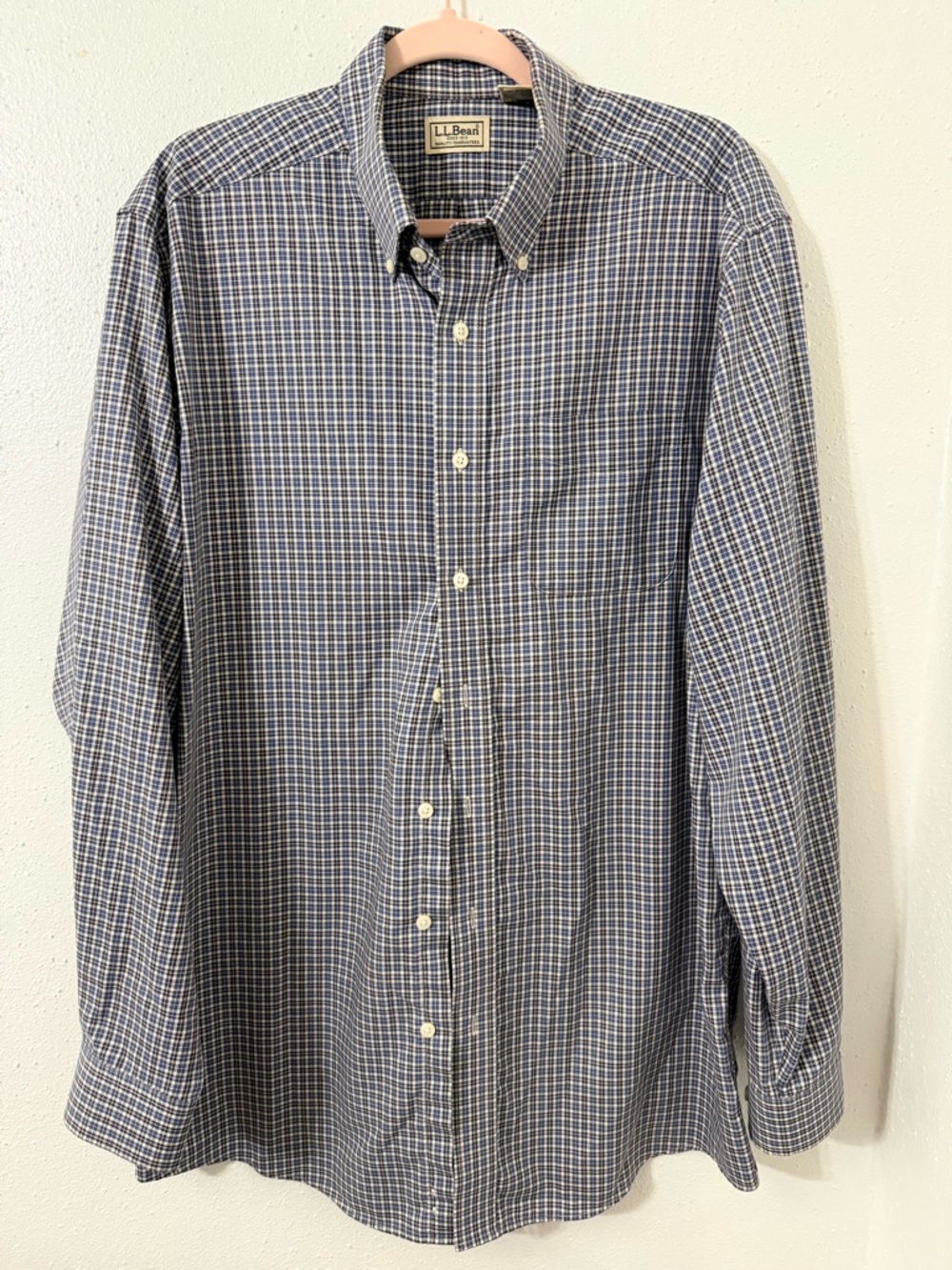 L.L. Bean Men's Navy and White Plaid Button-Down Shirt